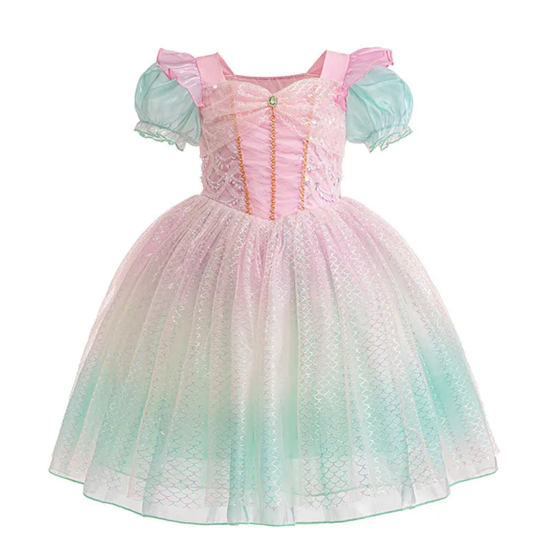 Cotton girls princess dress puff sleeve mermaid solid colour flower print suitable height 100cm