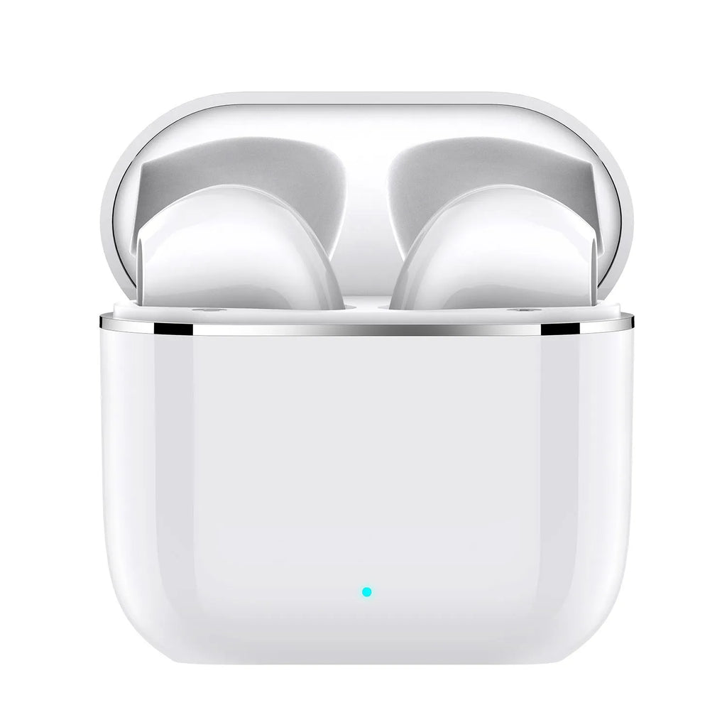 Wireless half in-ear Bluetooth headset in white or black with 30mAh earbuds and 200mA charging case