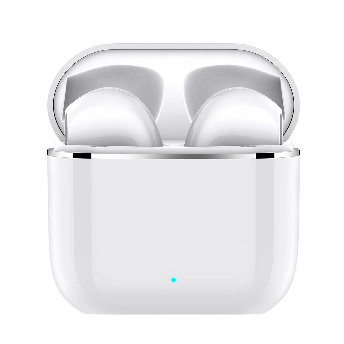 Wireless half in-ear Bluetooth headset in white or black with 30mAh earbuds and 200mA charging case