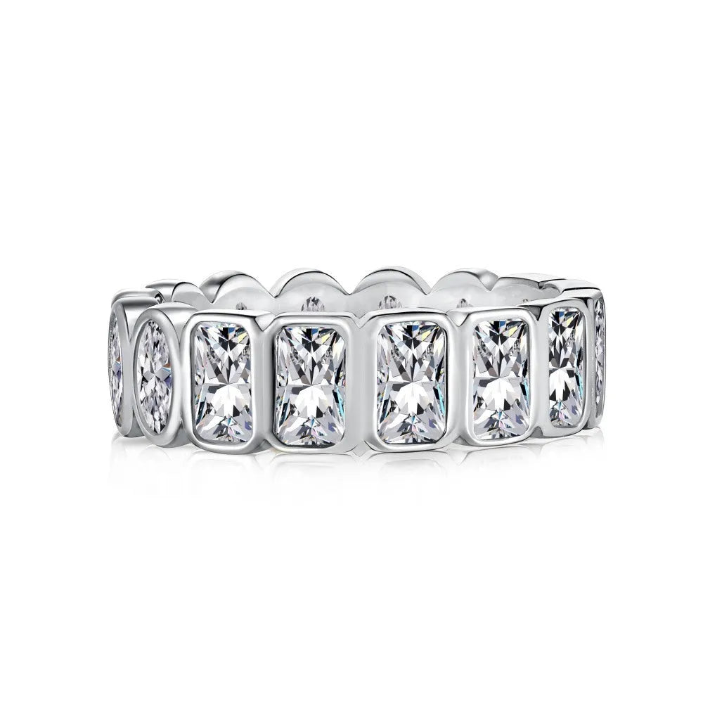 S925 sterling silver geometric stackable ring with full diamond oval rectangular surface on white background