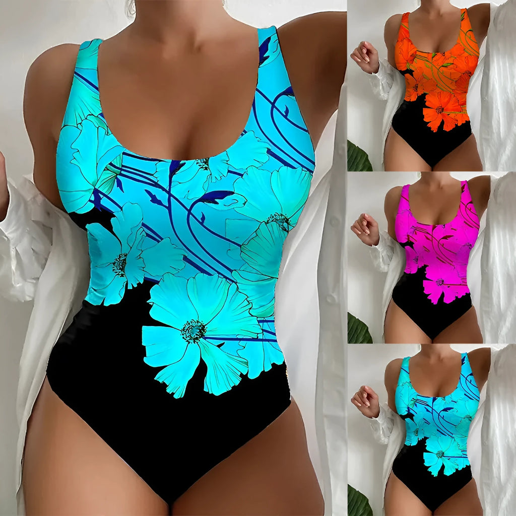 Women's tight-fitting 3D printed one-piece swimsuit in orange red, sky blue, or purple.