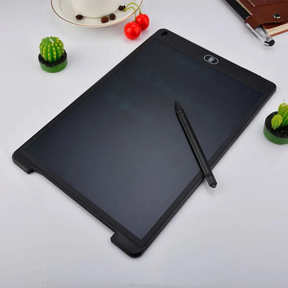 Children's LCD electronic handwriting board in blue colour with stylus pen on a table.