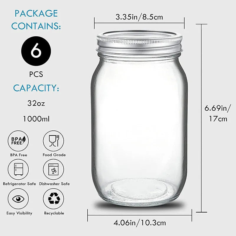 Set of six transparent 32oz glass bottles with airtight lids on a kitchen shelf