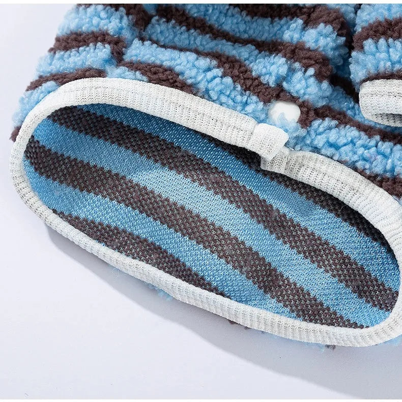 Soft plush blue-brown striped pet shirt button-down front on small dog warm winter fleece puppy sweater