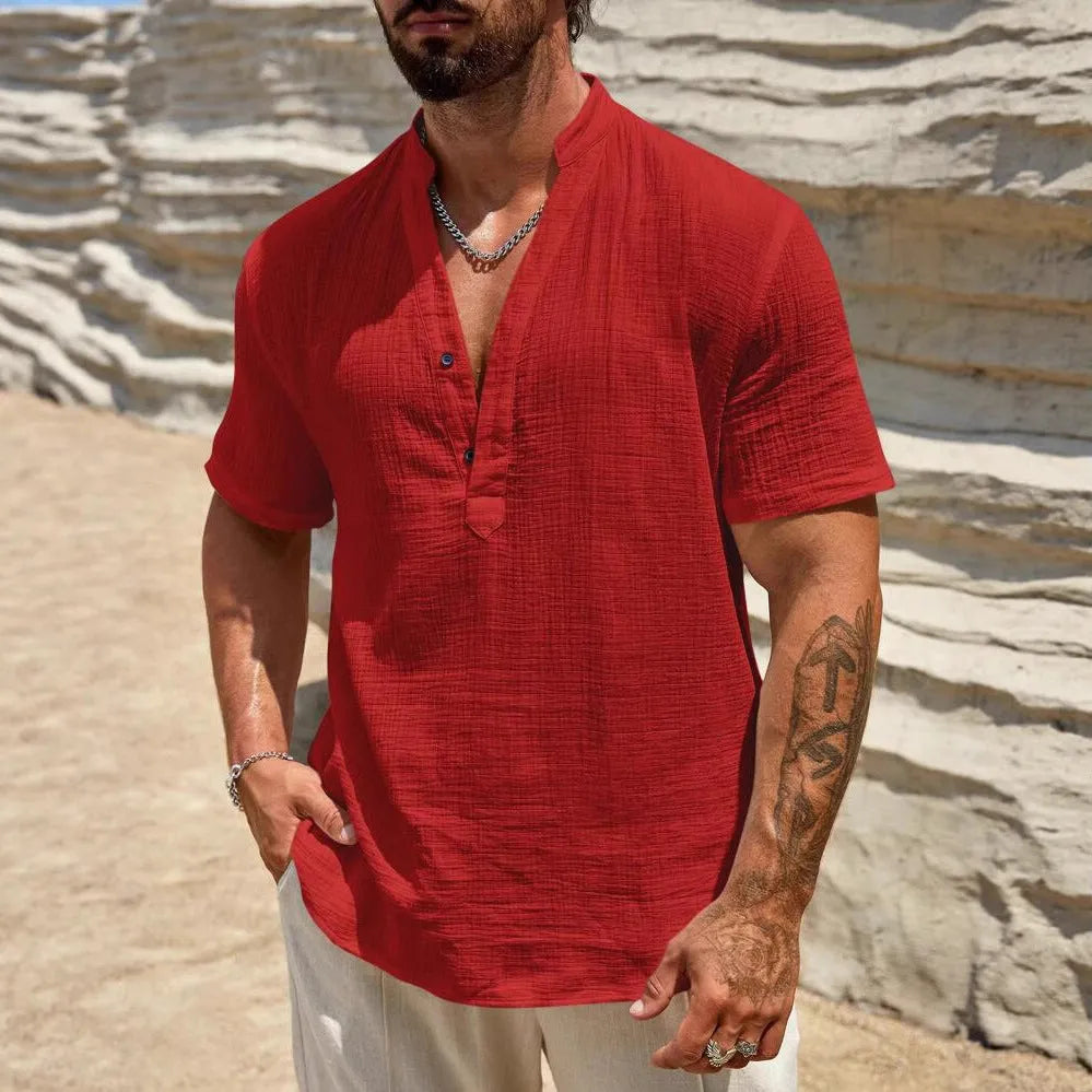 Men's solid colour stand collar short-sleeved casual shirt on a hanger