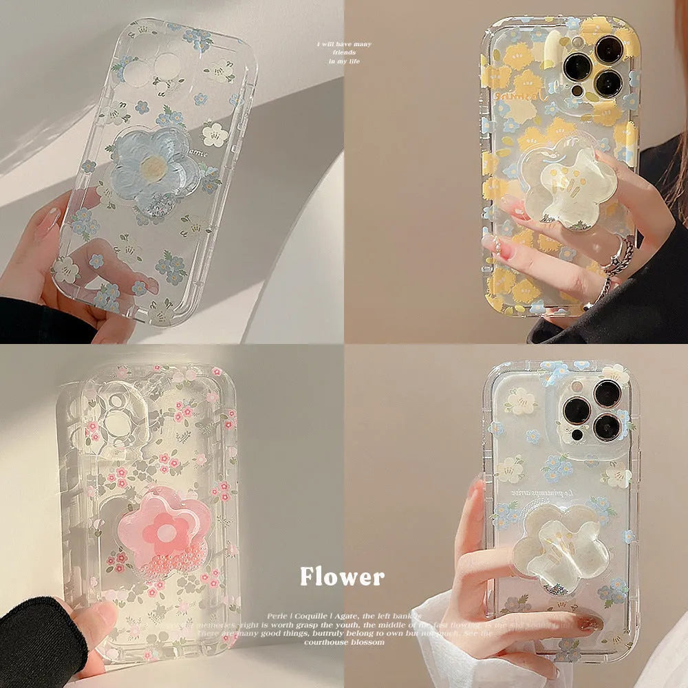 Floral TPU phone case with quicksand bracket for iPhone, transparent painted design in blue and yellow options