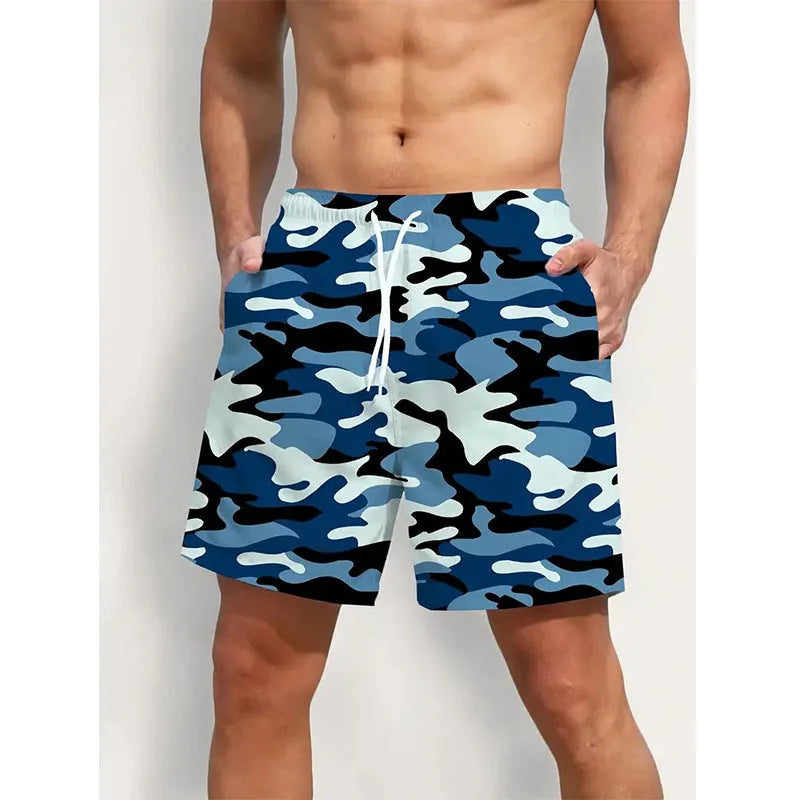 Men's polyester beach shorts with printed streetwear design and elastic waistband