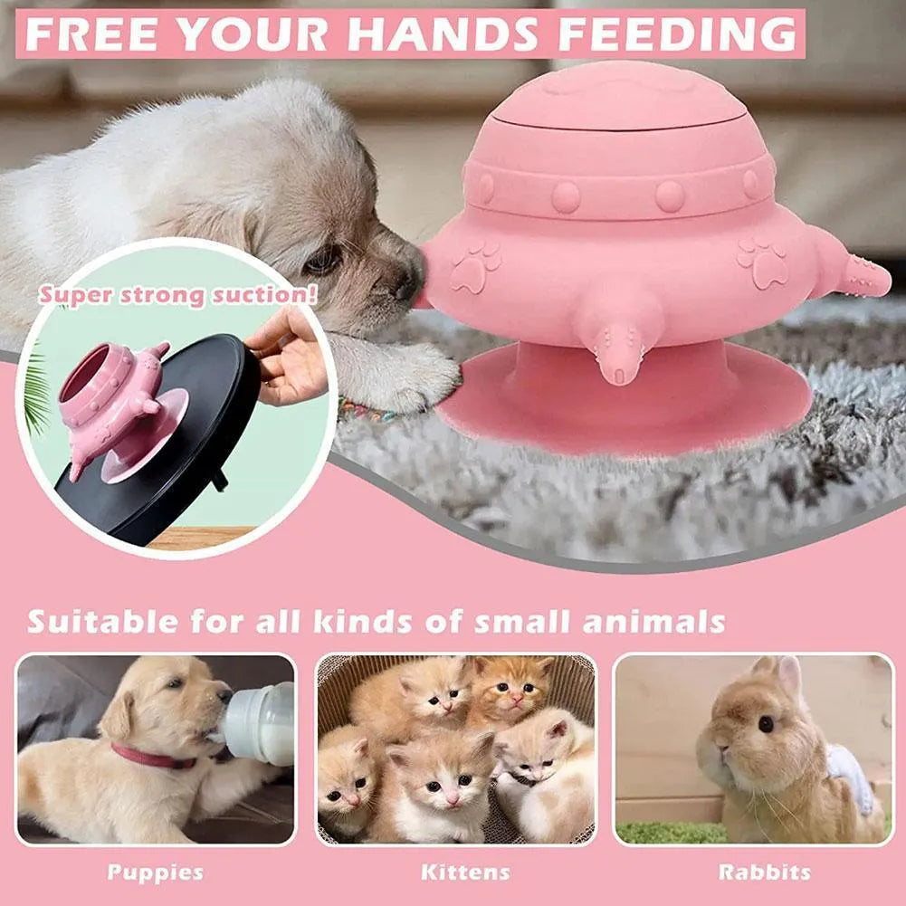 Pink silicone pet nursing device with bionic breast-shaped bowl and flat base for puppies and kittens.