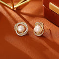 Natural pearl stud earrings with real gold plating over environmentally friendly copper, geometric round shape for women