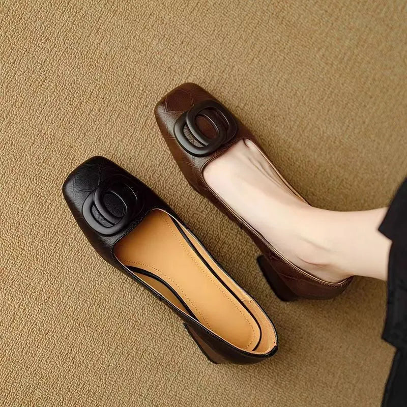 Women's microfiber pumps chunky heel buckle detail light brown square toe shallow mouth