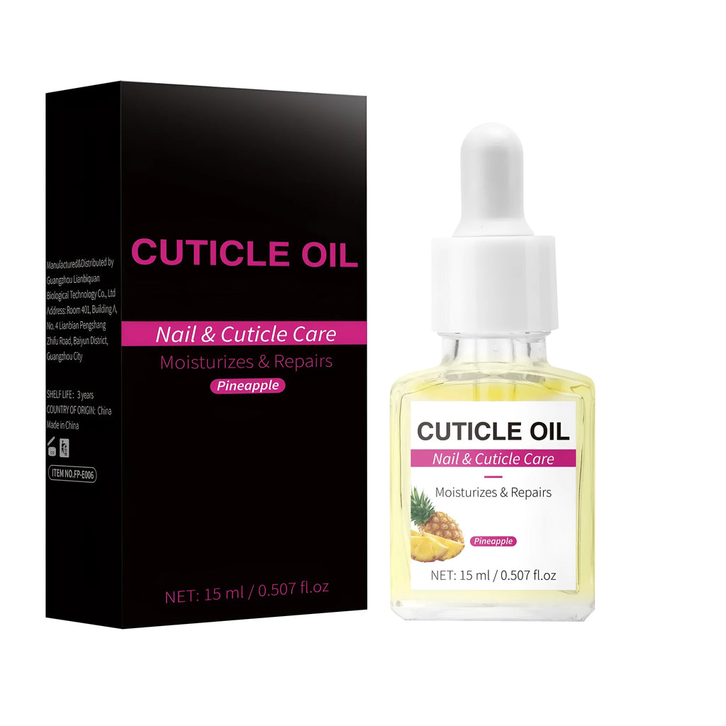 15ml bottle of clear moisturising nail and cuticle oil with dropper.