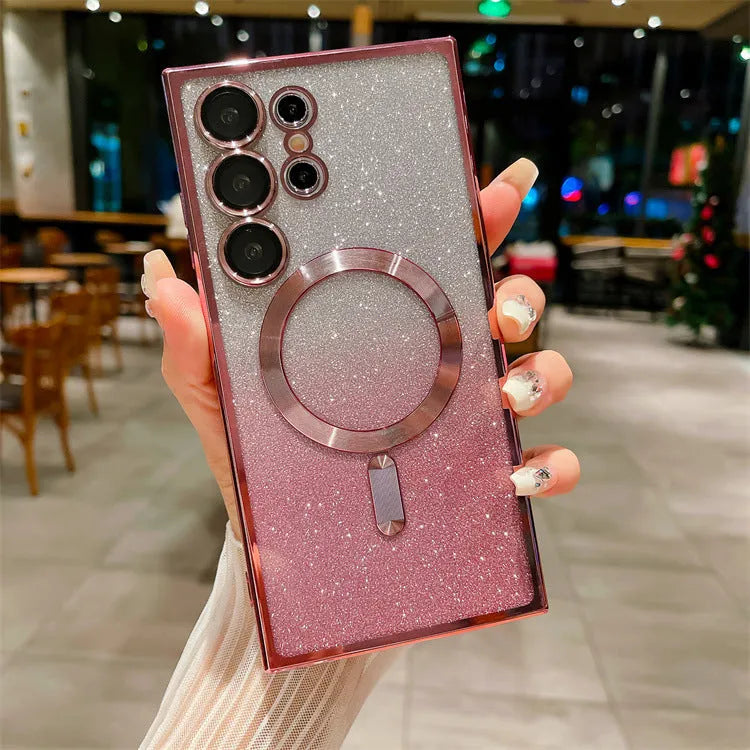 TPU magnetic gradient glitter phone case for Samsung S23 Ultra in gradient flash finish showing rainbow colours