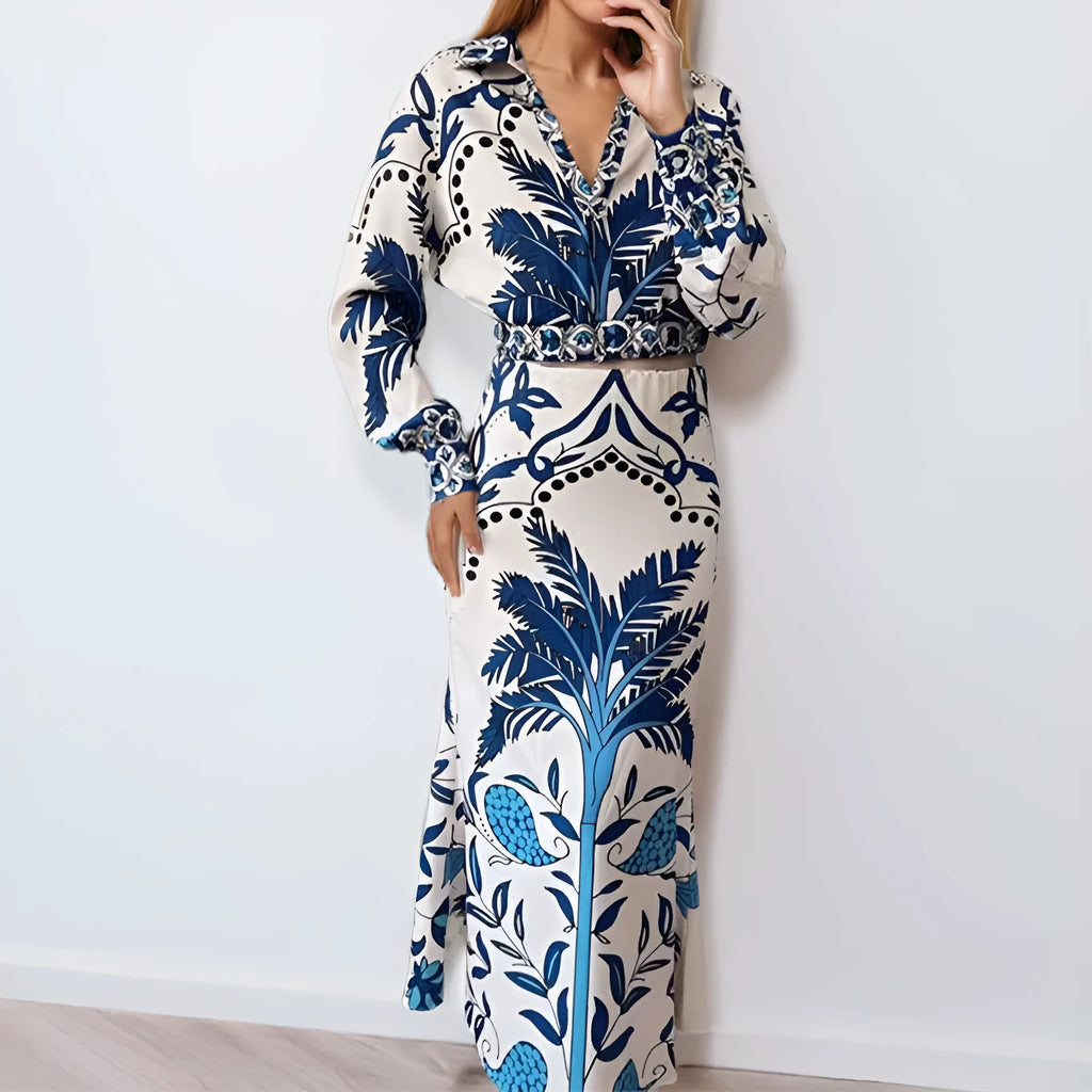 Women's floral print two-piece casual set with long sleeves and a long skirt in picture colour.