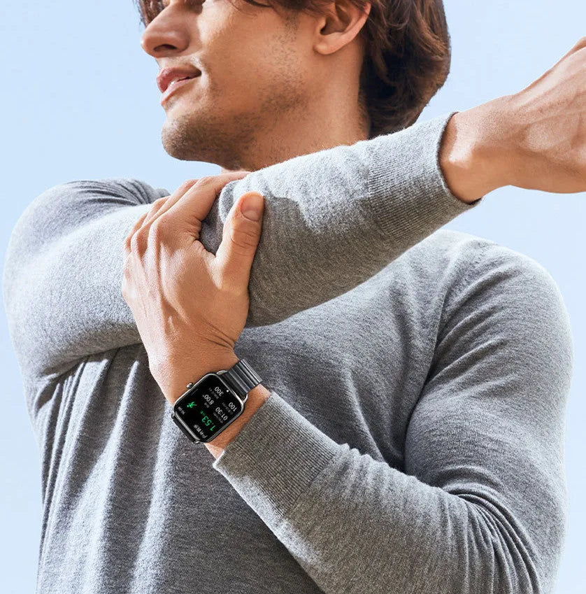 HAYLOU RS4 Plus black smartwatch on wrist showing AMOLED display with fitness stats