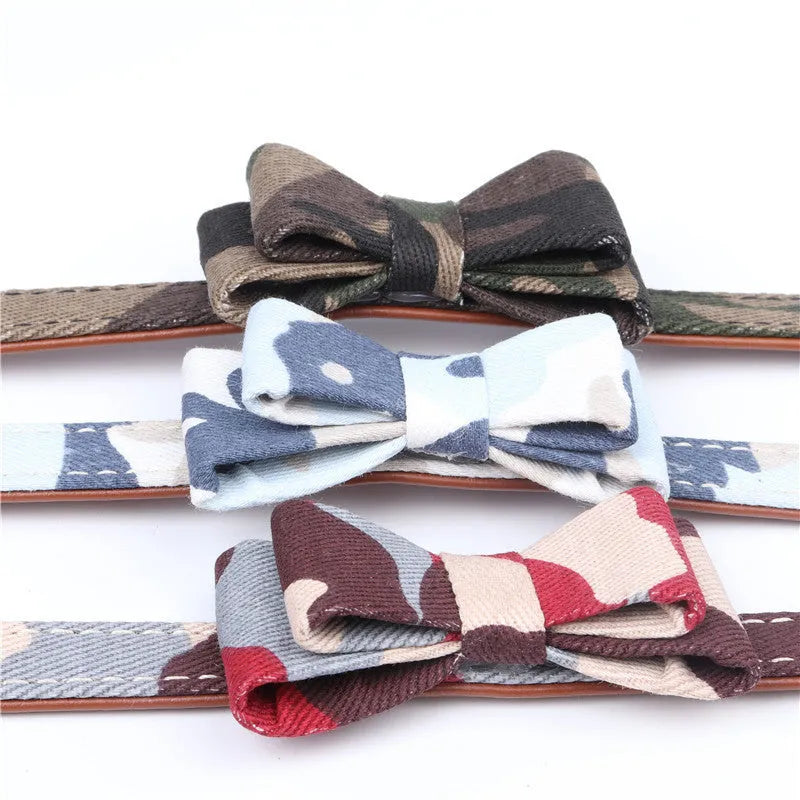 Camouflage Series bowknot pet collar in colourful finish on blue background
