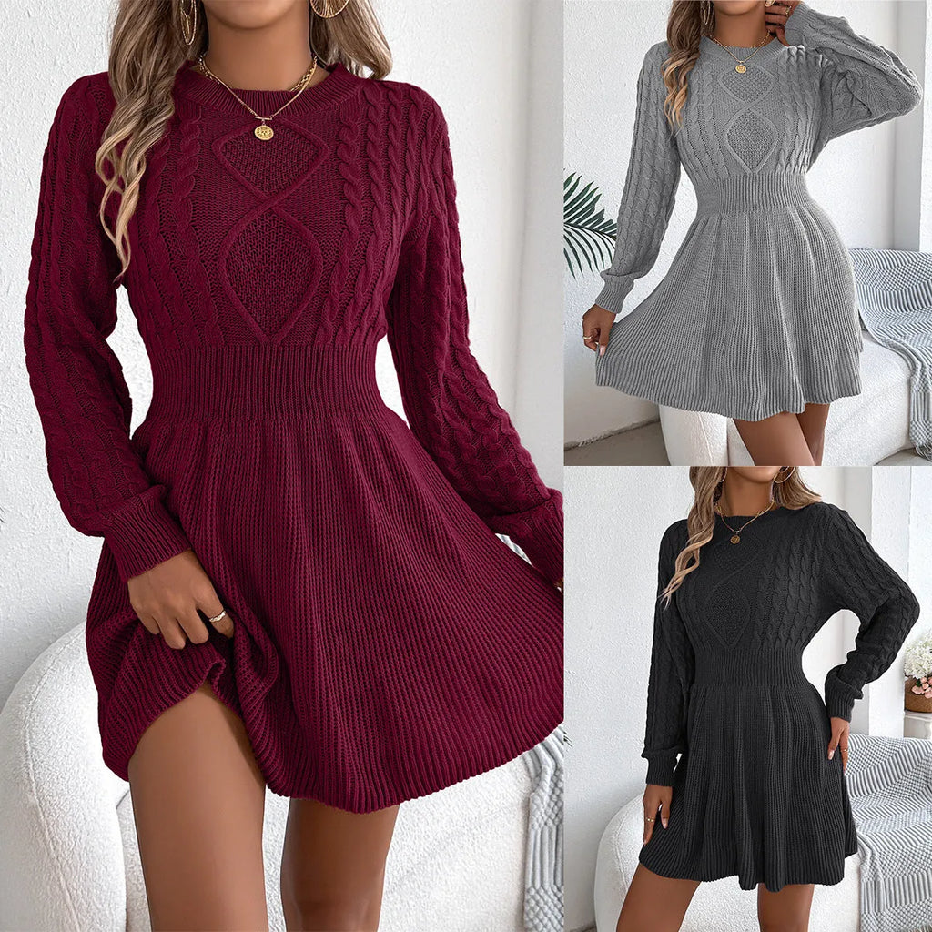 Women's long sleeve sweater dress with lantern sleeves and elastic waist in artificial fur fabric