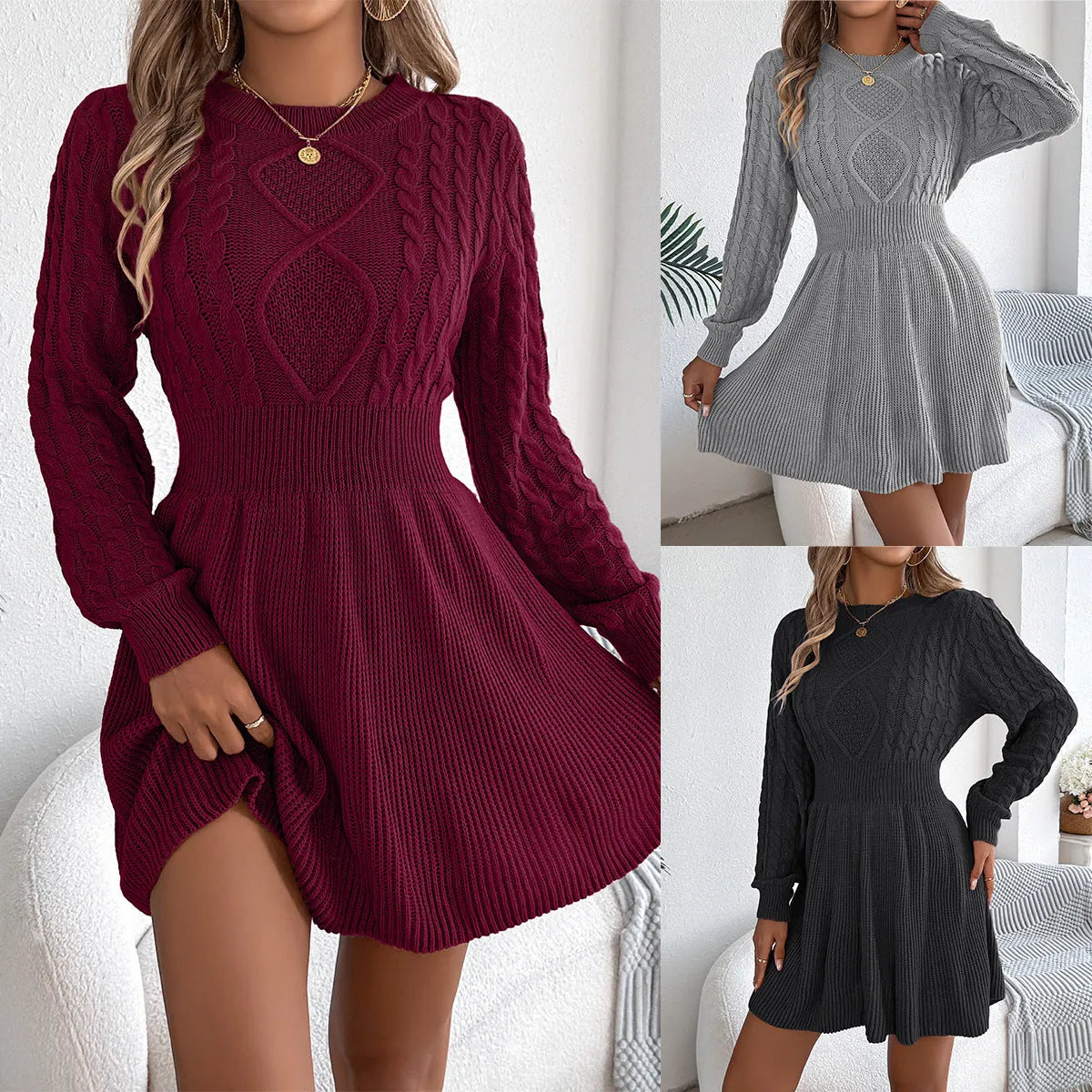 Women's long sleeve sweater dress with lantern sleeves and elastic waist in artificial fur fabric