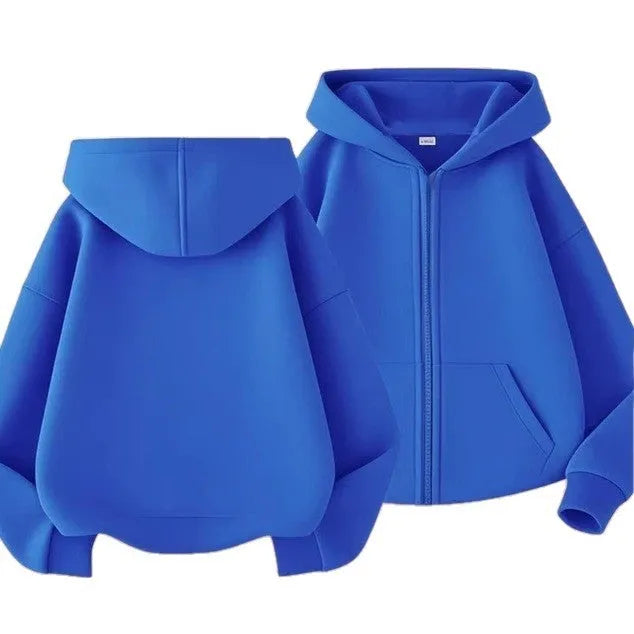 Girl's casual solid colour hoodie in light gray with zipper front, hood, and polyester lining, suitable for 100-160cm height