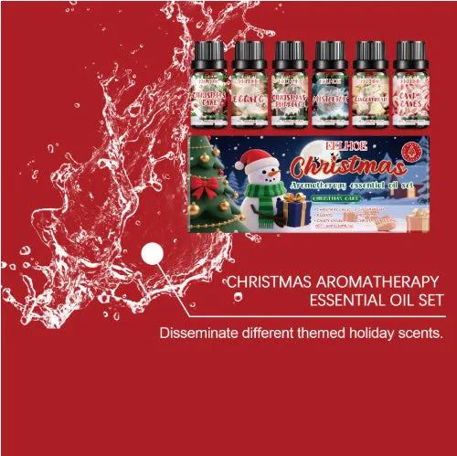 Christmas aromatherapy oil diffuser set showing six 10ml bottles with reed sticks