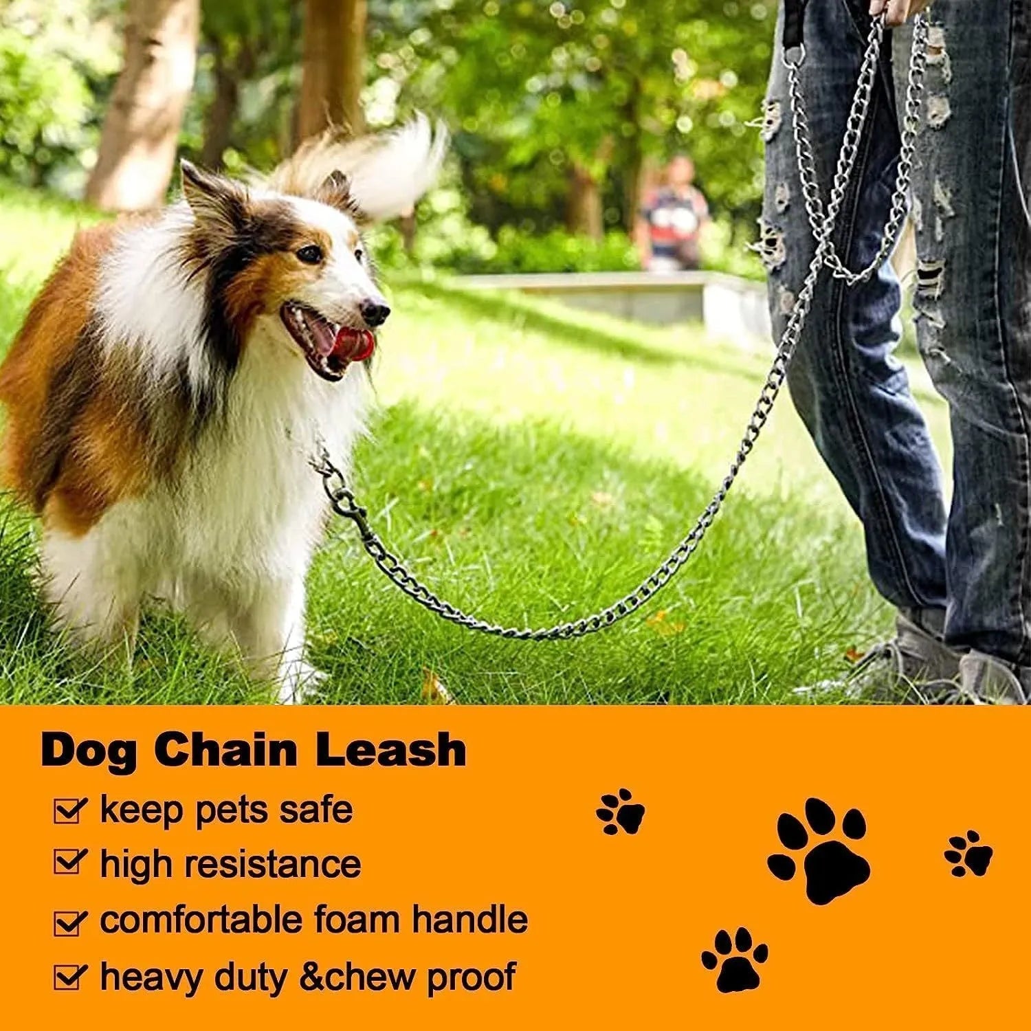 Black heavy duty metal dog chain leash with a soft blue padded handle, shown at full 120cm length.
