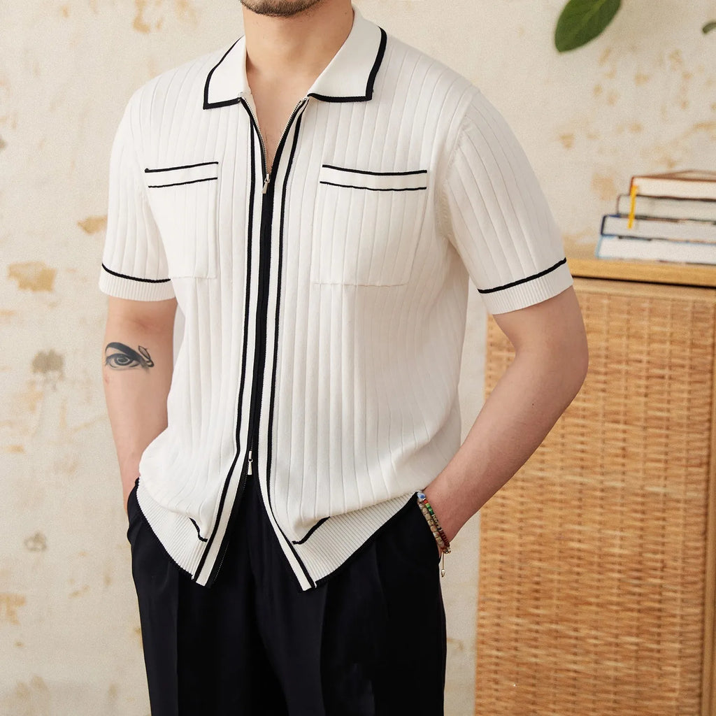 Slim elastic lapel polo shirt in viscose blend fabric, black and white colour options