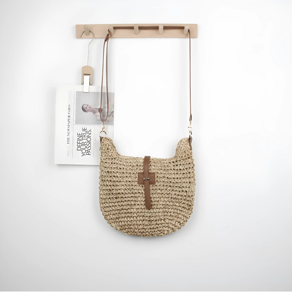 Beige handmade woven shoulder bag with sandwich pocket construction and sewing thread detailing