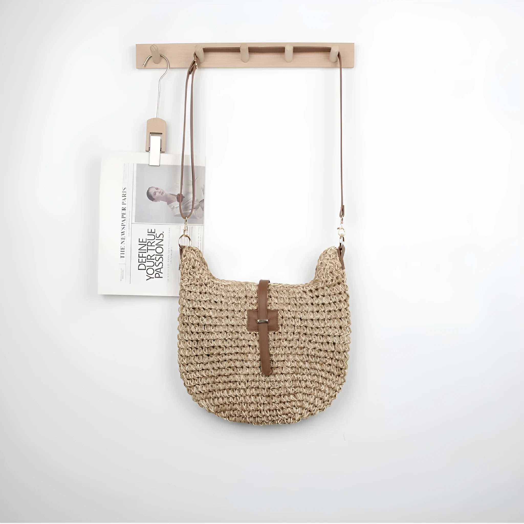 Beige handmade woven shoulder bag with sandwich pocket construction and sewing thread detailing