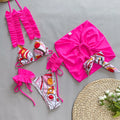 Women's pleated split bikini set in purple nylon and spandex, front view, size M