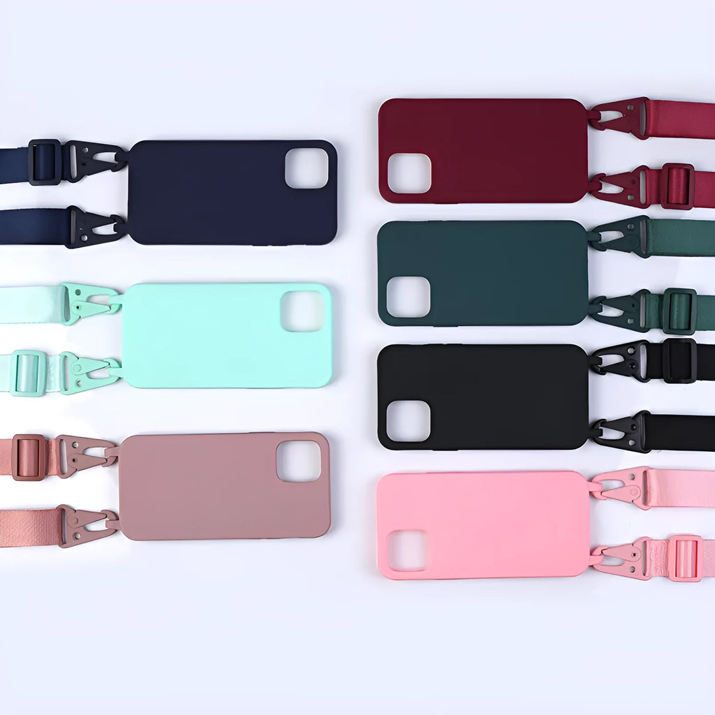 Buckle ribbon lanyard phone case in black TPU with detachable strap for Samsung Galaxy