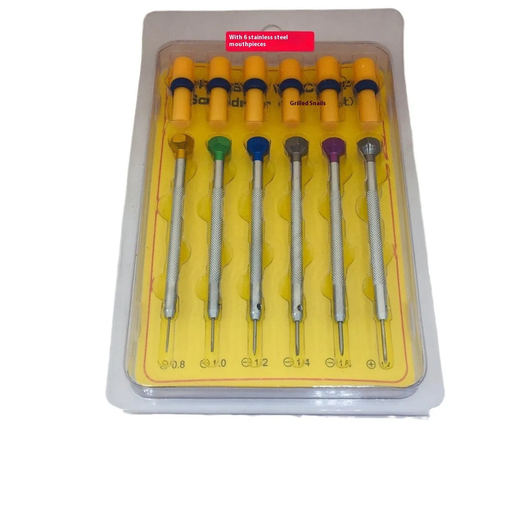 Six-piece watch repair screwdriver set with colour-coded aluminium handles and copper construction