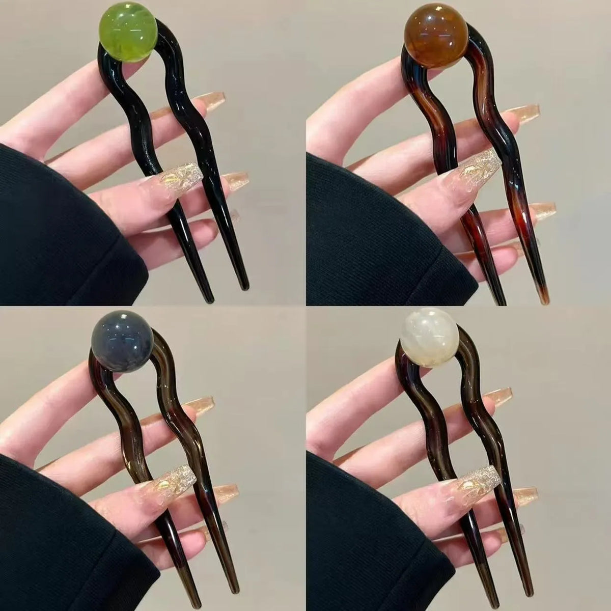 Acrylic U-shaped hair barrette with a small spherical decoration in a beige and caramel two-tone colour combination.
