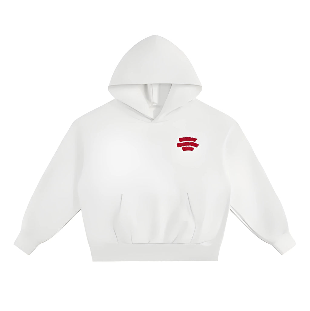 White thin no-drawstring hooded pocket sweatshirt for women, loose fit pullover with printed details, front view