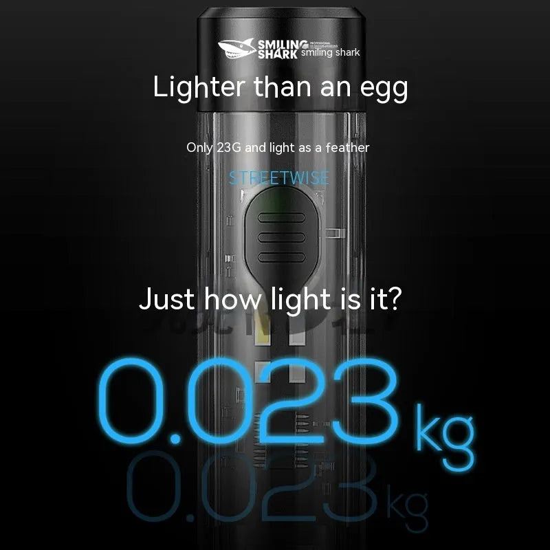 Black plastic USB rechargeable portable flashlight with charging cable.