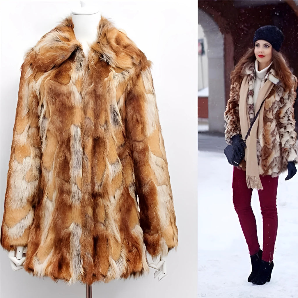 Women's slim fit tiger pattern faux fur jacket with long sleeves on a model.
