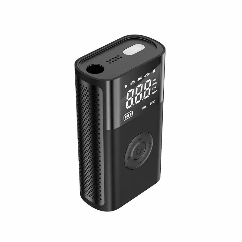 Handheld wireless digital car tyre inflator with LCD screen, made from black ABS plastic, shown with charging cable and nozzle adaptors.