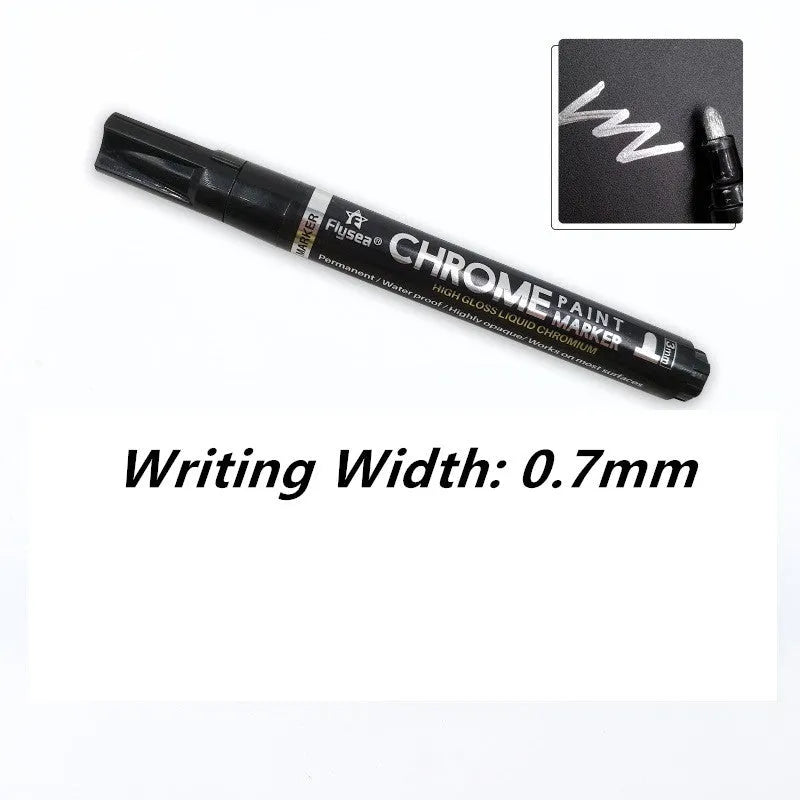 Flysea 3.0mm chrome metal marker pen with reflective paint for writing on multiple surfaces.