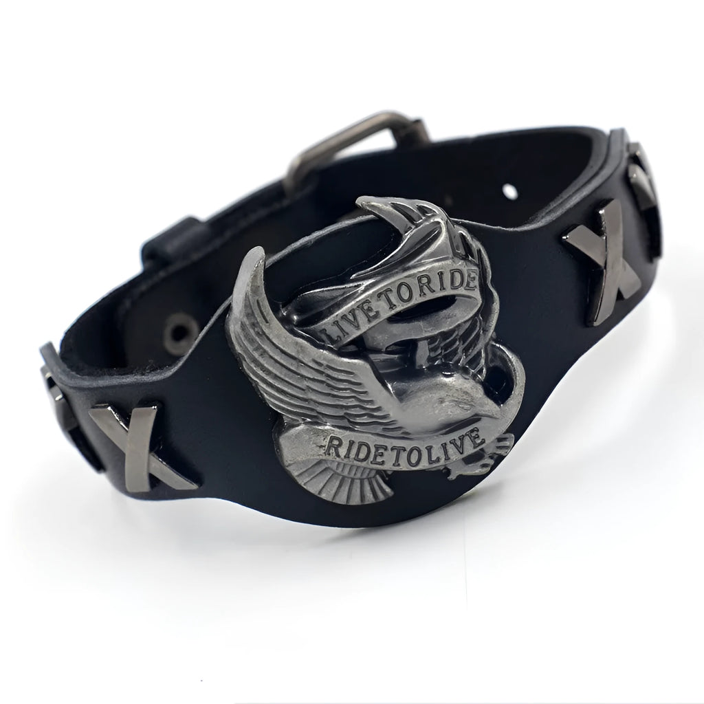 Black geometric leather bracelet with an alloy eagle watch-buttom hardware detail.