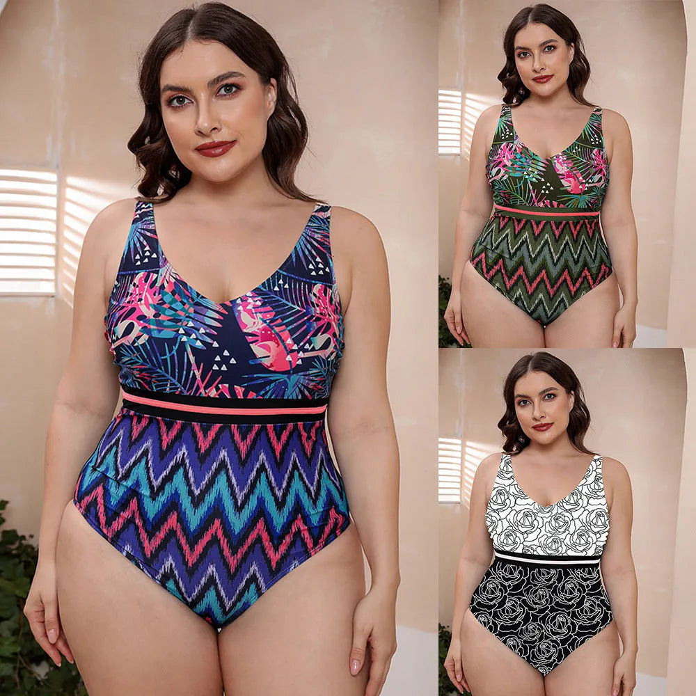 Blue printed one-piece swimsuit with spaghetti straps and a striped vest design for women's swimming.