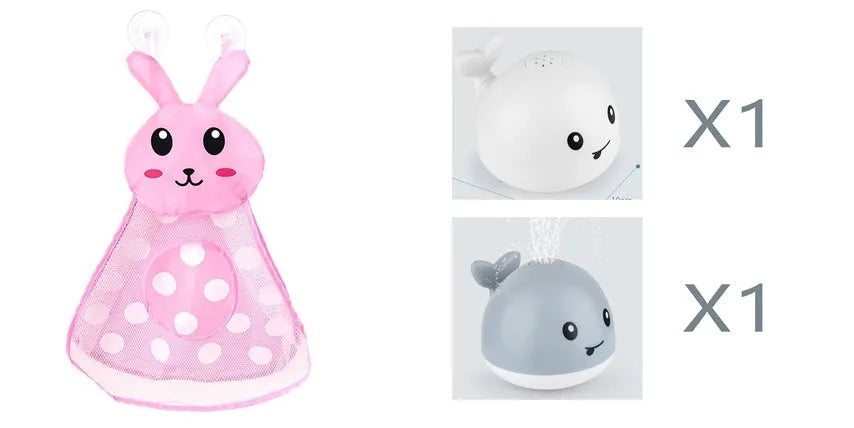 Automatic electric whale bath toy spraying water with LED lights on, floating in a baby bath.