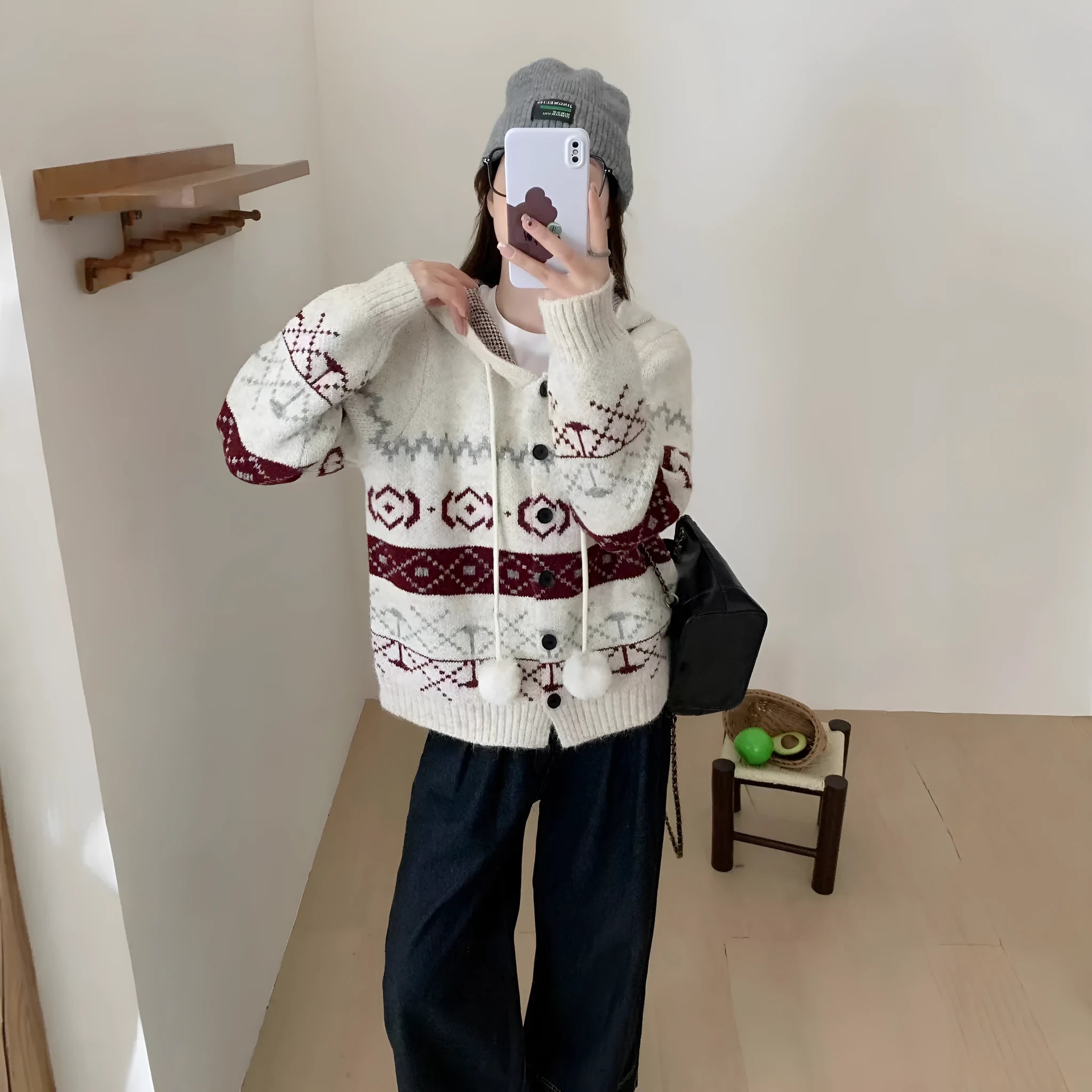 Loose fit brocade sweater coat for women in grey with geometric pattern.