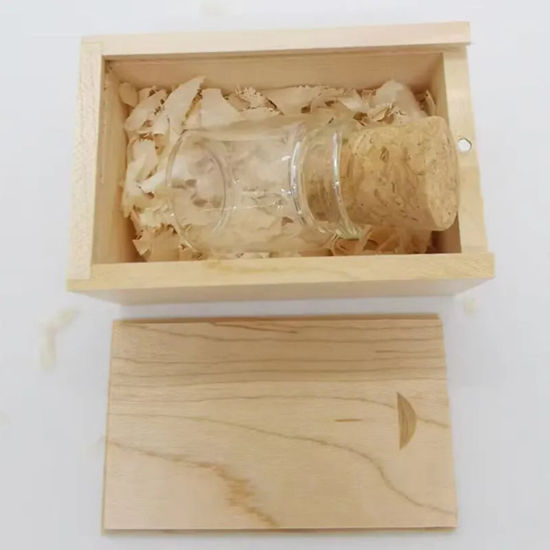 Wooden wish drift bottle USB flash drive with transparent casing showing decorative elements inside