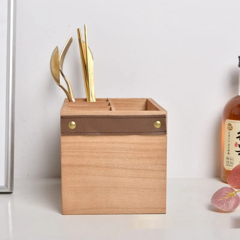 Wooden kitchen storage box with grid divider for organising knives forks and chopsticks
