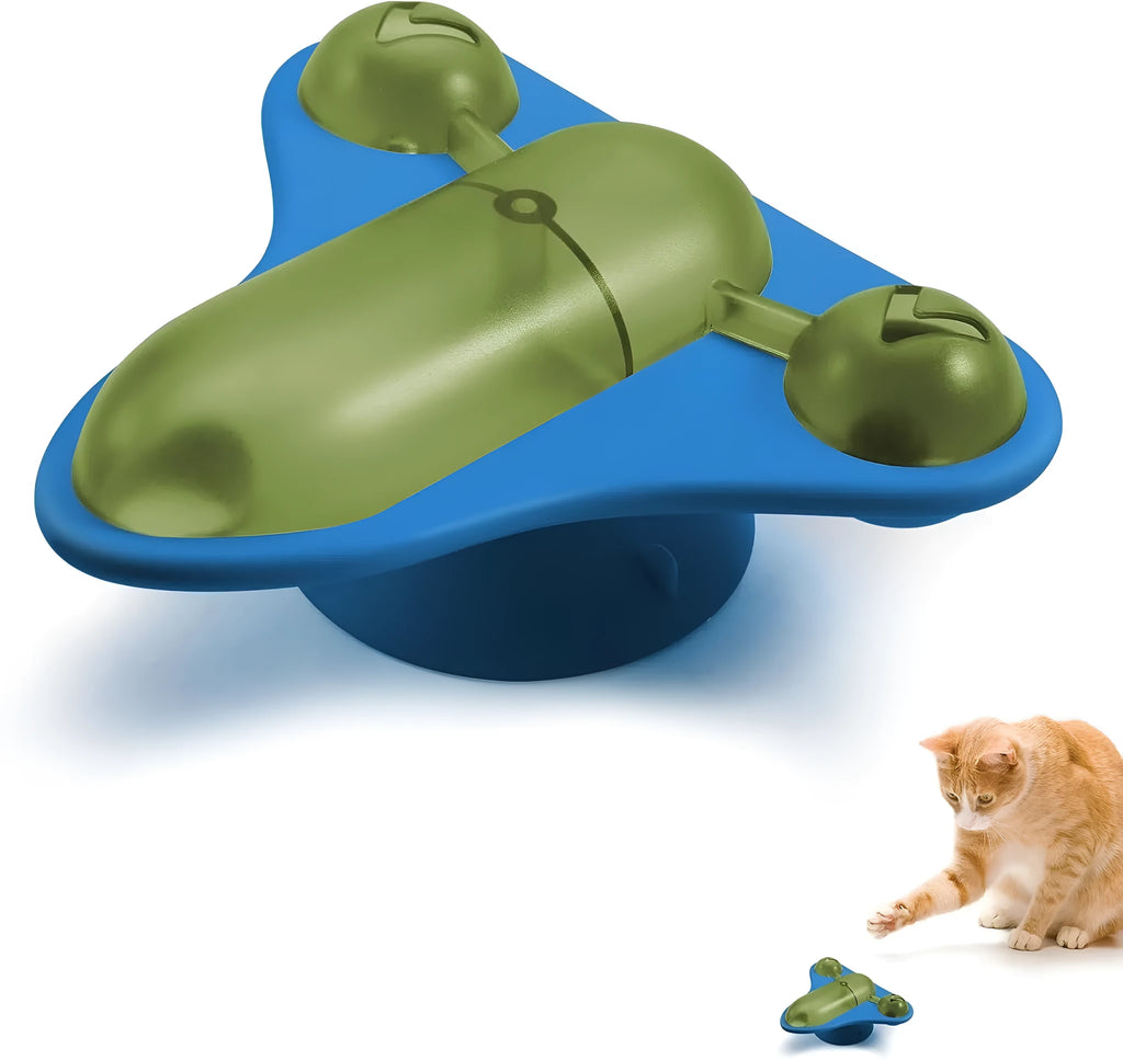 Interactive pet puzzle feeder toy with blue colour, suction cups, bell, and snack compartment