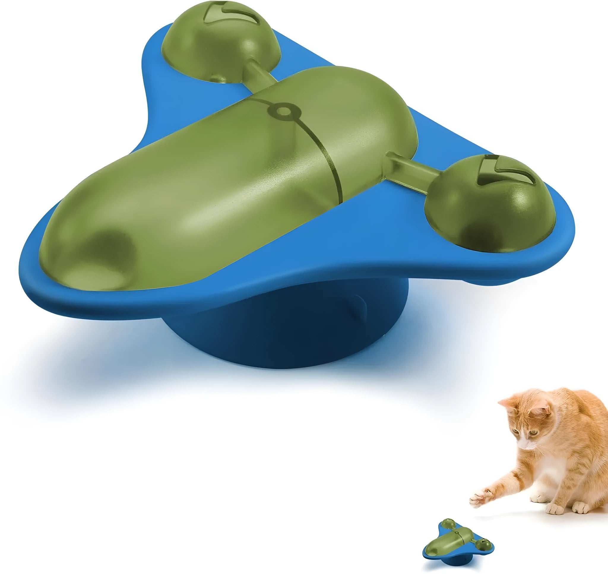Interactive pet puzzle feeder toy with blue colour, suction cups, bell, and snack compartment