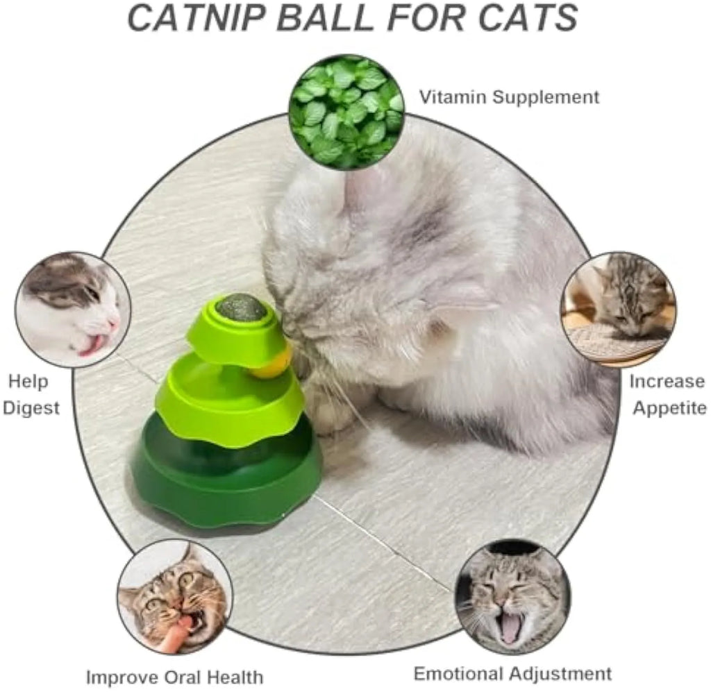 Green tree-shaped cat track toy with two levels and moving balls for indoor cats
