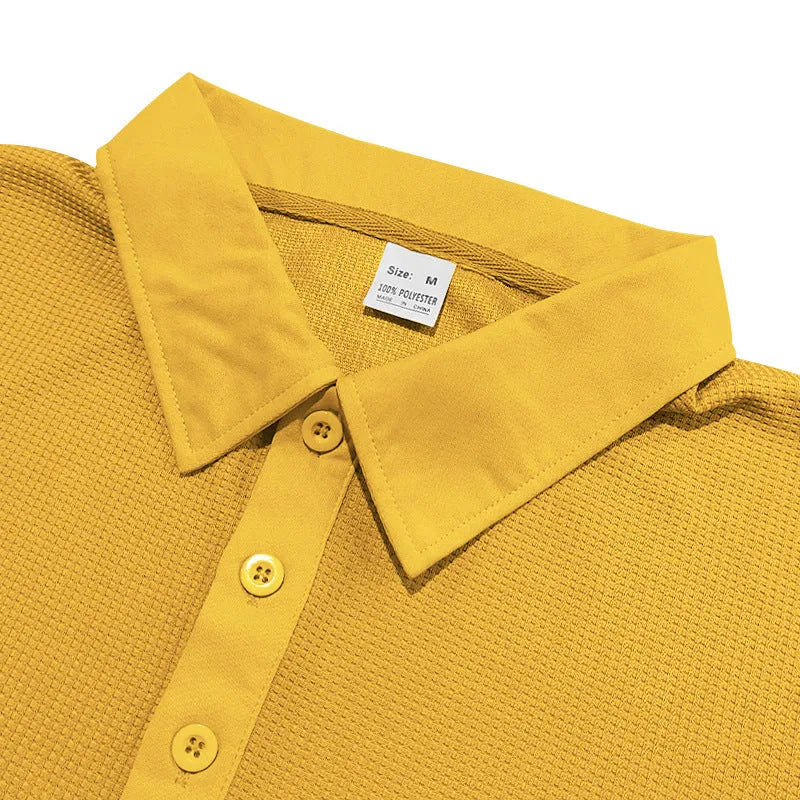 Men's waffle short sleeve polo shirt in cotton, slim fit jacquard lapel top, available in five colours.