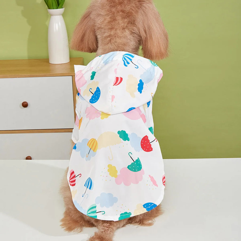 Colourful cartoon umbrella pattern dog or cat raincoat in polyester fabric.