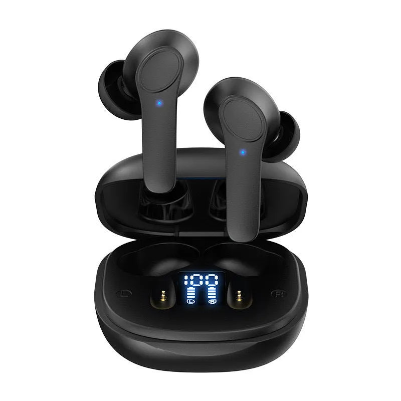 Black and white wireless Bluetooth in-ear translation headphones with touch controls and USB-C port.