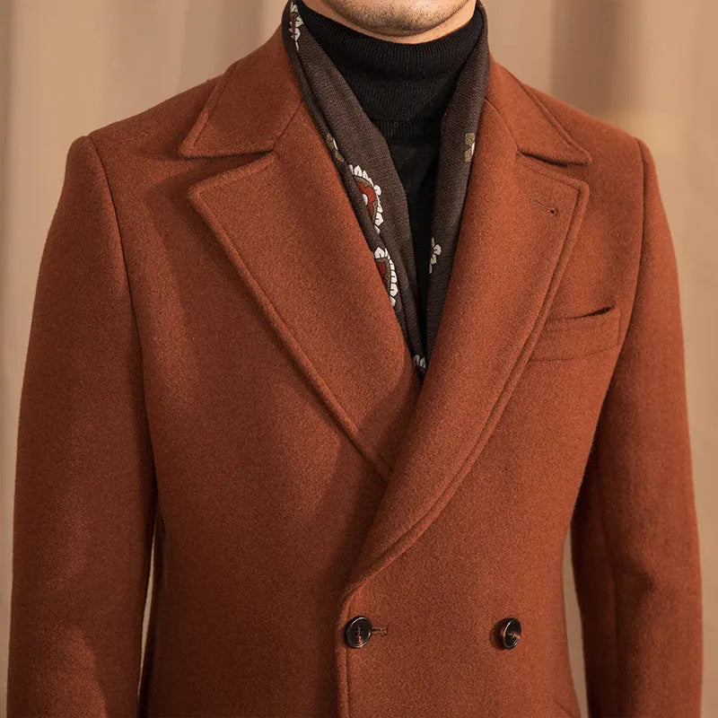 Caramel double-breasted mid-length wool overcoat with suit collar, 60% wool blend, sizes M to 3XL