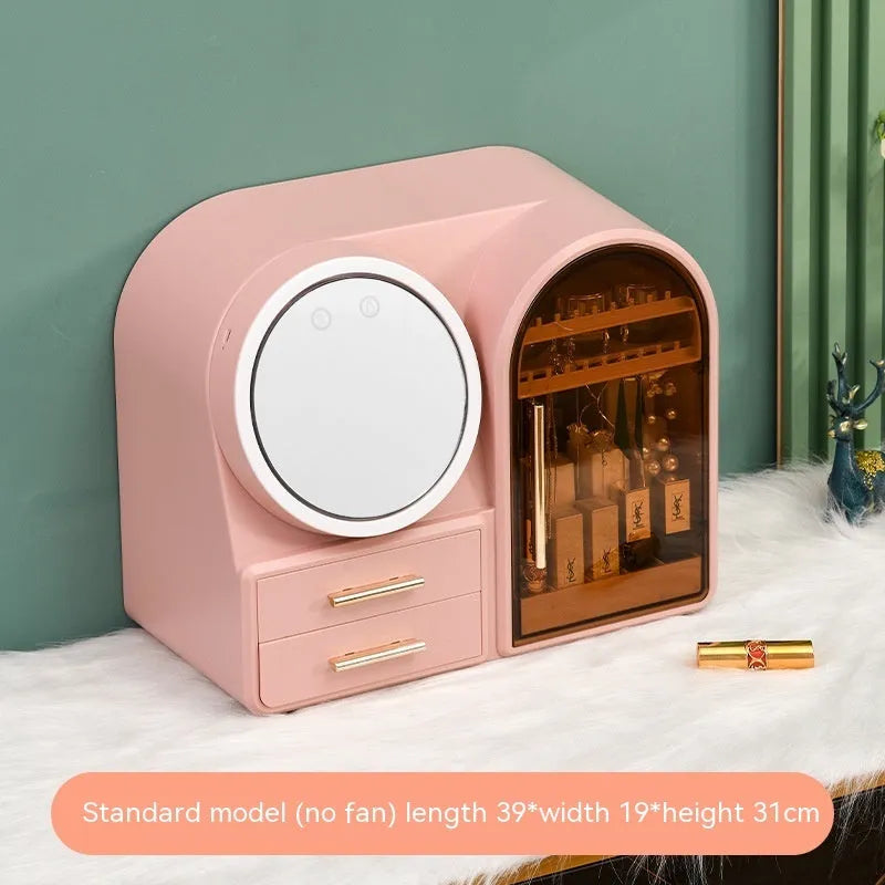 Plastic cosmetics storage rack with LED makeup mirror and soft wind fan, 35L capacity, milky white light pink or dark green